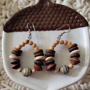 Bohemian Wooden Beaded Dangle Hoop Earrings Vintage Lightweight EUC